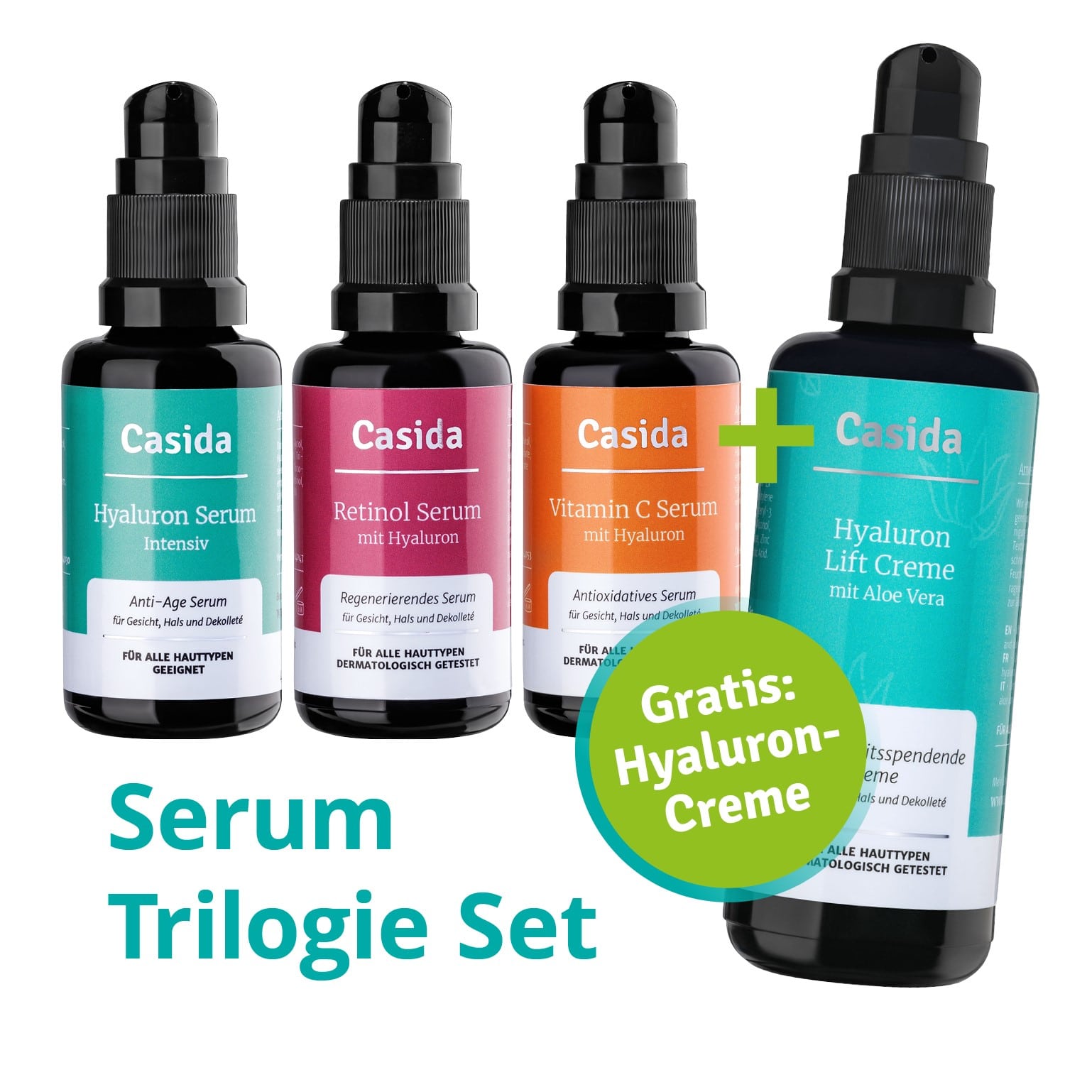 Casida(R) Anti-Aging Serum Trilogie + GRATIS Hyaluron Creme - Retinol Serum mit Hyaluron - Hyaluron Serum Intensiv - Vitamin C Serum mit Hyaluron - Gratis Hyaluron Lift Creme - 3x 30 ml und 1x 50 ml