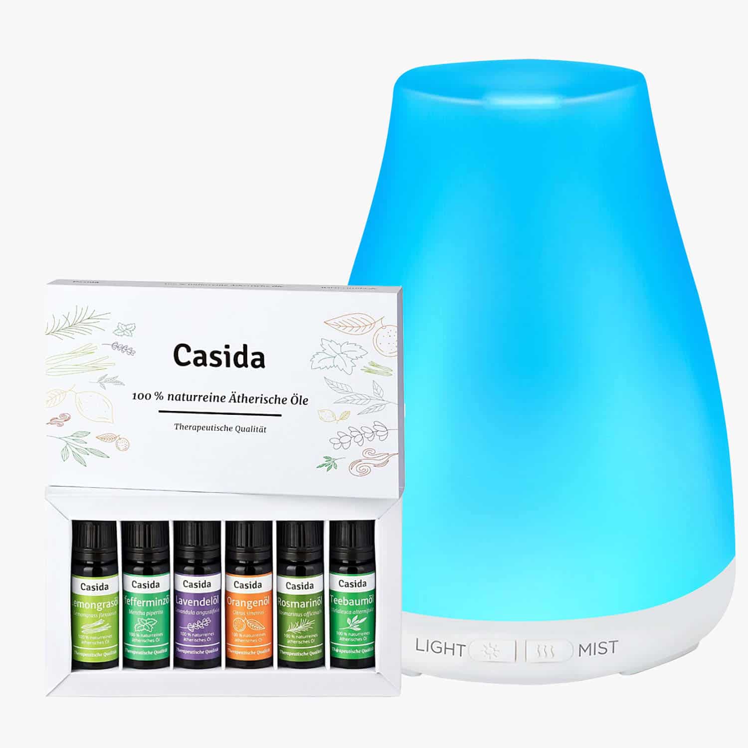 Casida(R) weisser kompakter Aroma Diffuser mit 6 therische le Set - 150 ml Wassertank - leise Ultraschalltechnologie - Luftbefeuchter - LED Beleuchtung - elektrisch - fr Aromatherapie